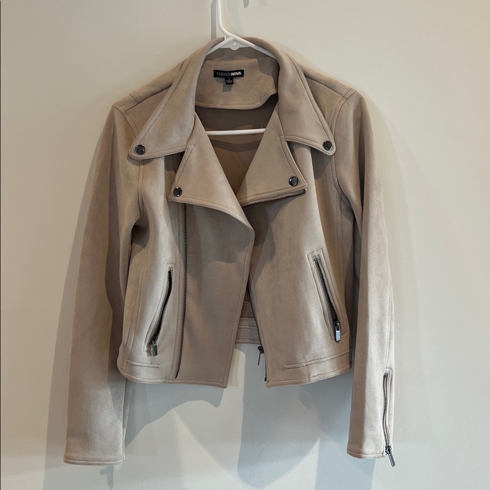 Beige Faux Suede Moto Jacket Biker Zip Front Size Small
